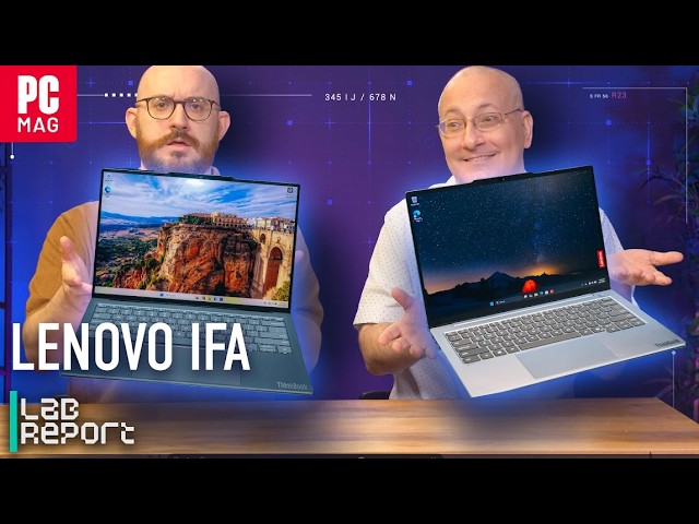A lineup of Lenovo laptops including the ThinkBook 14X Gen 2 and a rollable screen prototype.