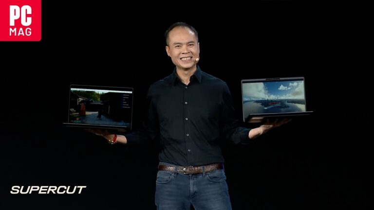 An AMD keynote presentation slide displaying the Threadripper Halo Station and Strix Halo chip architecture.
