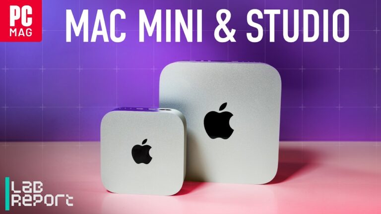 A workspace featuring the compact M6 Mac mini and the professional Mac Studio desktop computer.