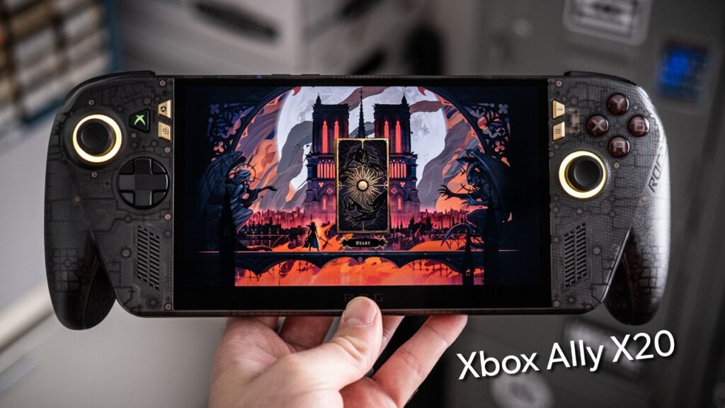 The Asus ROG Ally X20 handheld featuring a smoky transparent black shell with gold accents.